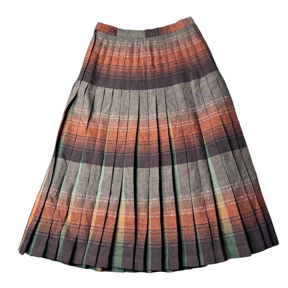 Highland Queen Vintage Reversible Wool Pleated Skirt Rust Green Striped Midi 12
